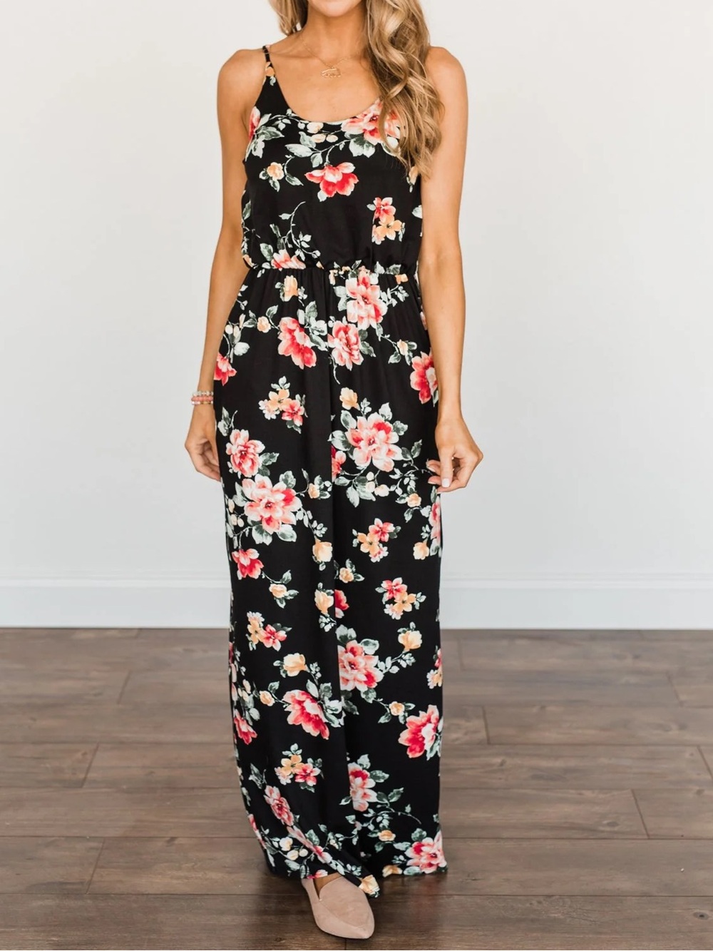 Floral Black Maxi Dress with Pink Bloom Print Adjustable straps